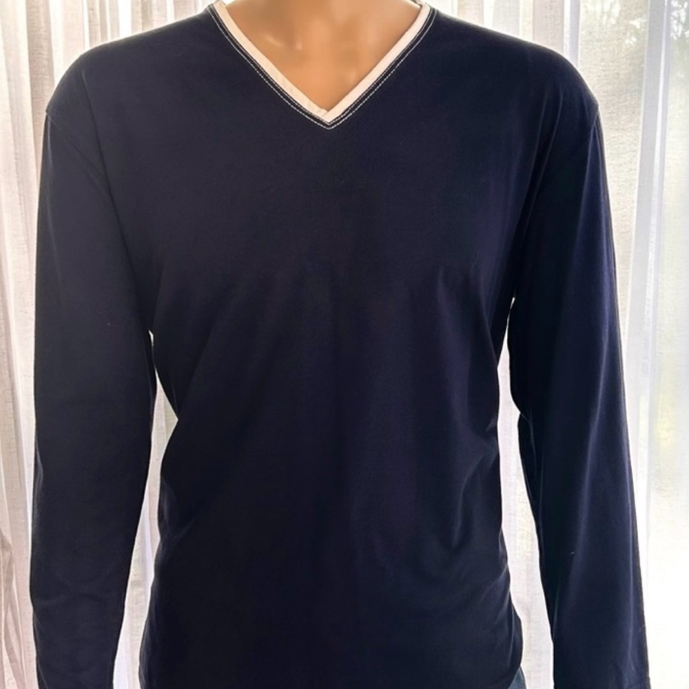 Van Laack Men's dark blue  Long Sleeve V-Neck Shirt Preppy Rugby cottage core